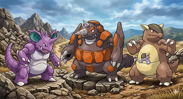 Nidoking, Rhyperior, and Kangaskhan